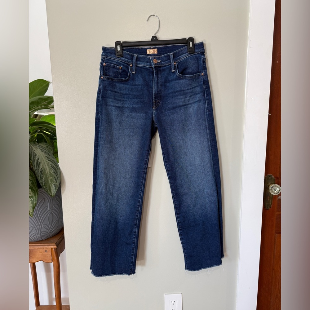 MOTHER Lil Mid Rise Rambler Zip Ankle Fray Jeans Blue Denim Straight